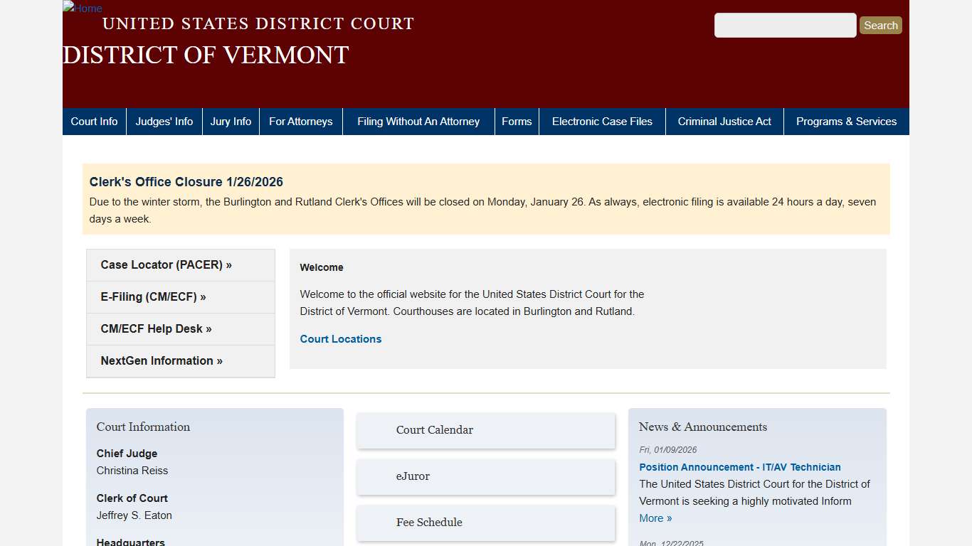 DISTRICT OF VERMONT United States District Court