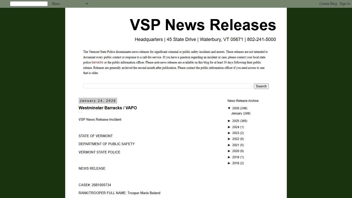 VSP News Releases: Westminster Barracks / VAPO