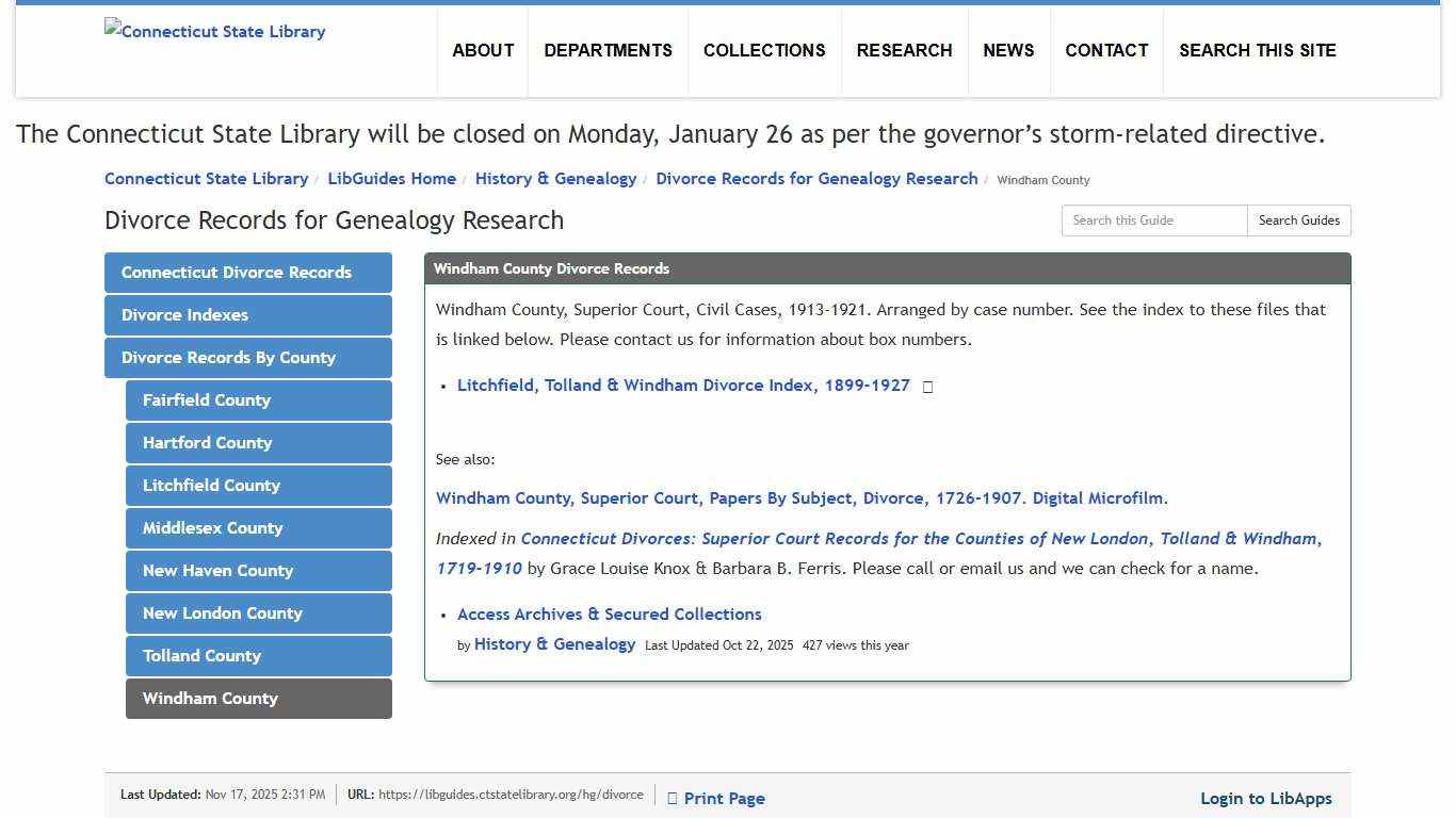 Windham County - Divorce Records for Genealogy Research - LibGuides Home at Connecticut State Library.